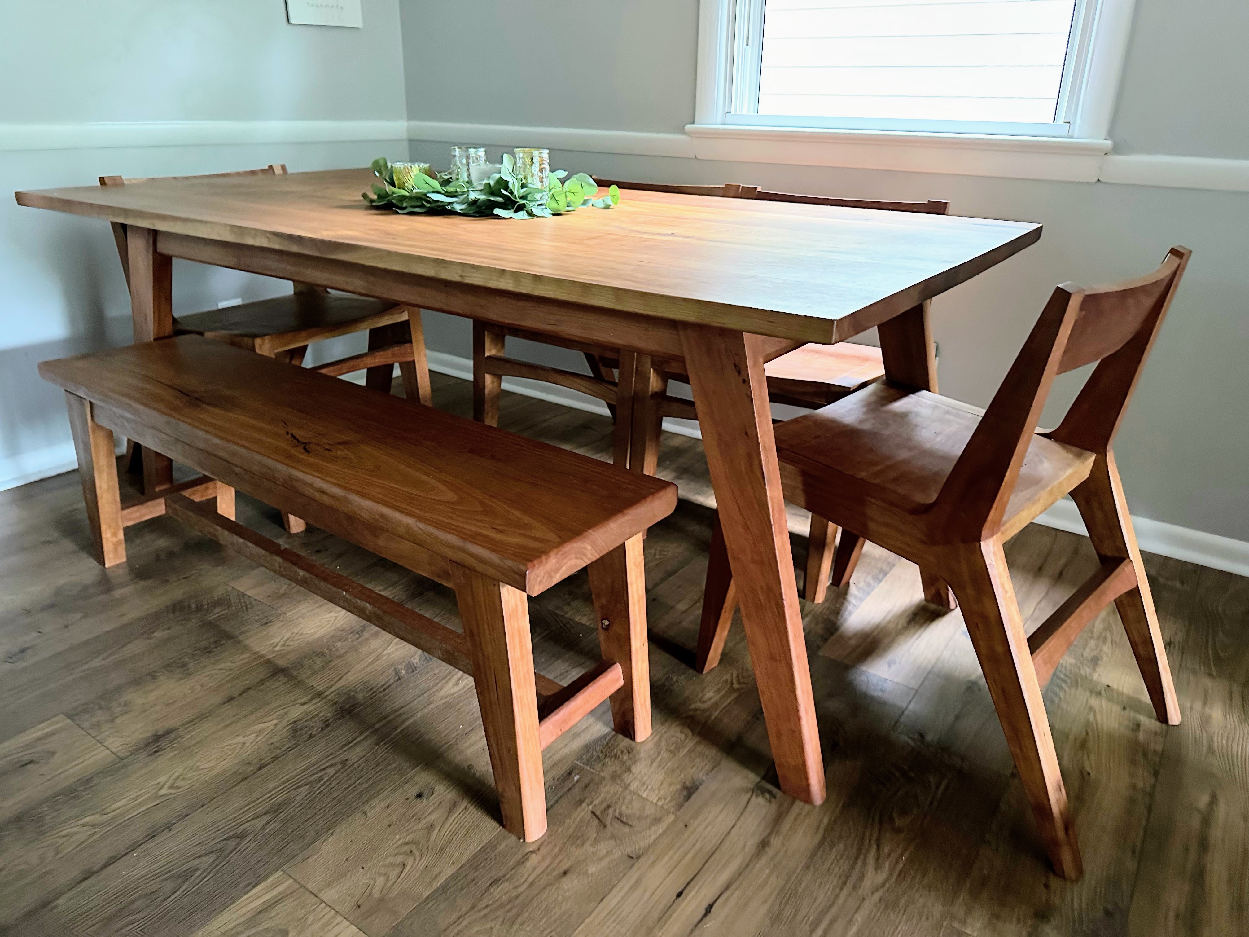 Solid cherry dining set—table, chairs, and bench built as one commission, Goldthorne Studio